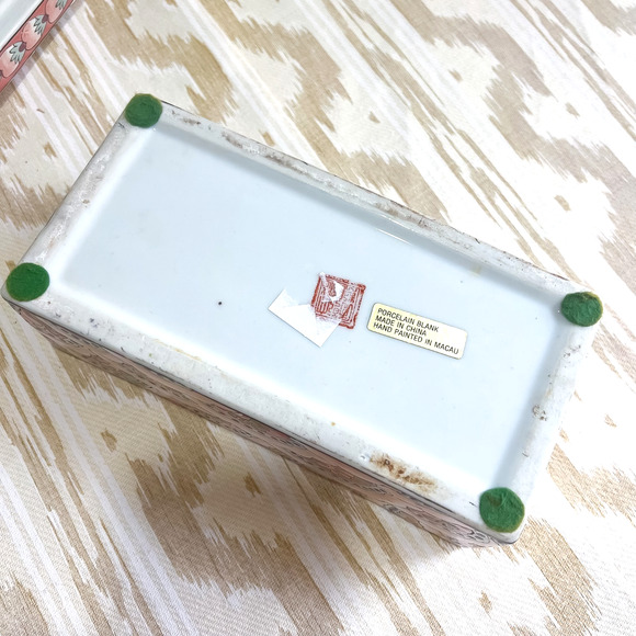 Vintage Large Rectangle Chinioserie Trinket Jewelry Box Hand Painted Pink Green - Picture 8 of 9